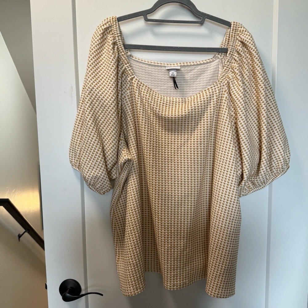 NWOT Ava & Viv Puff Sleeve Textured Top Checkered Yellow White Tunic Blouse 4X